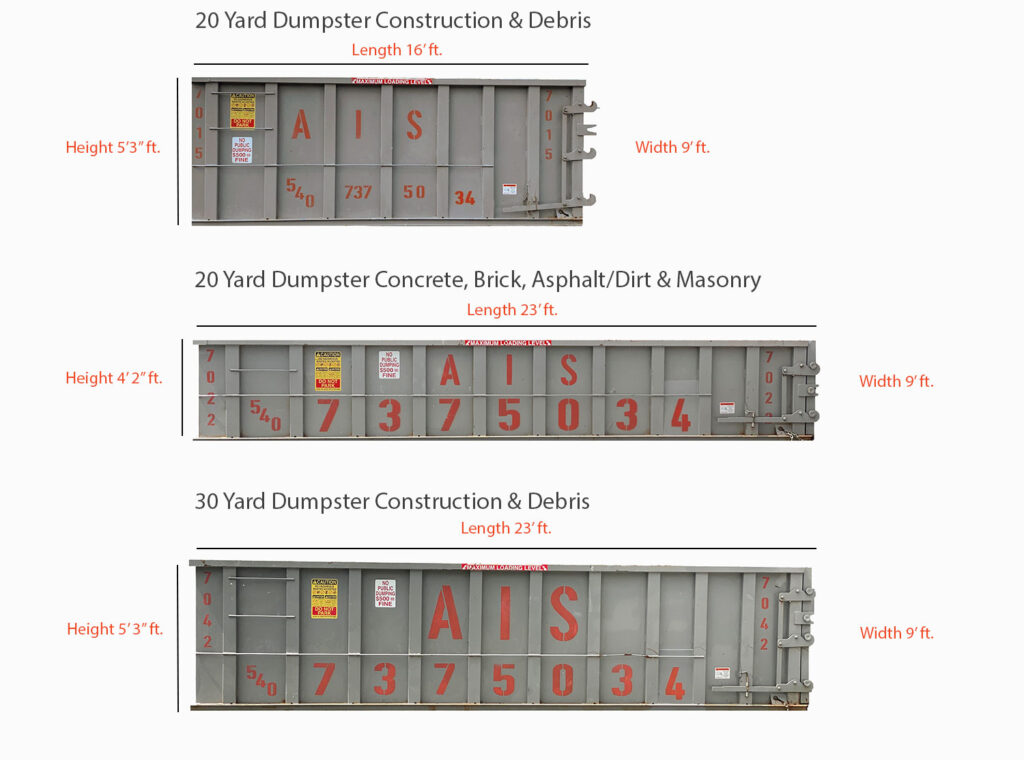 AIS dumpsters rental dimensions and measurements.